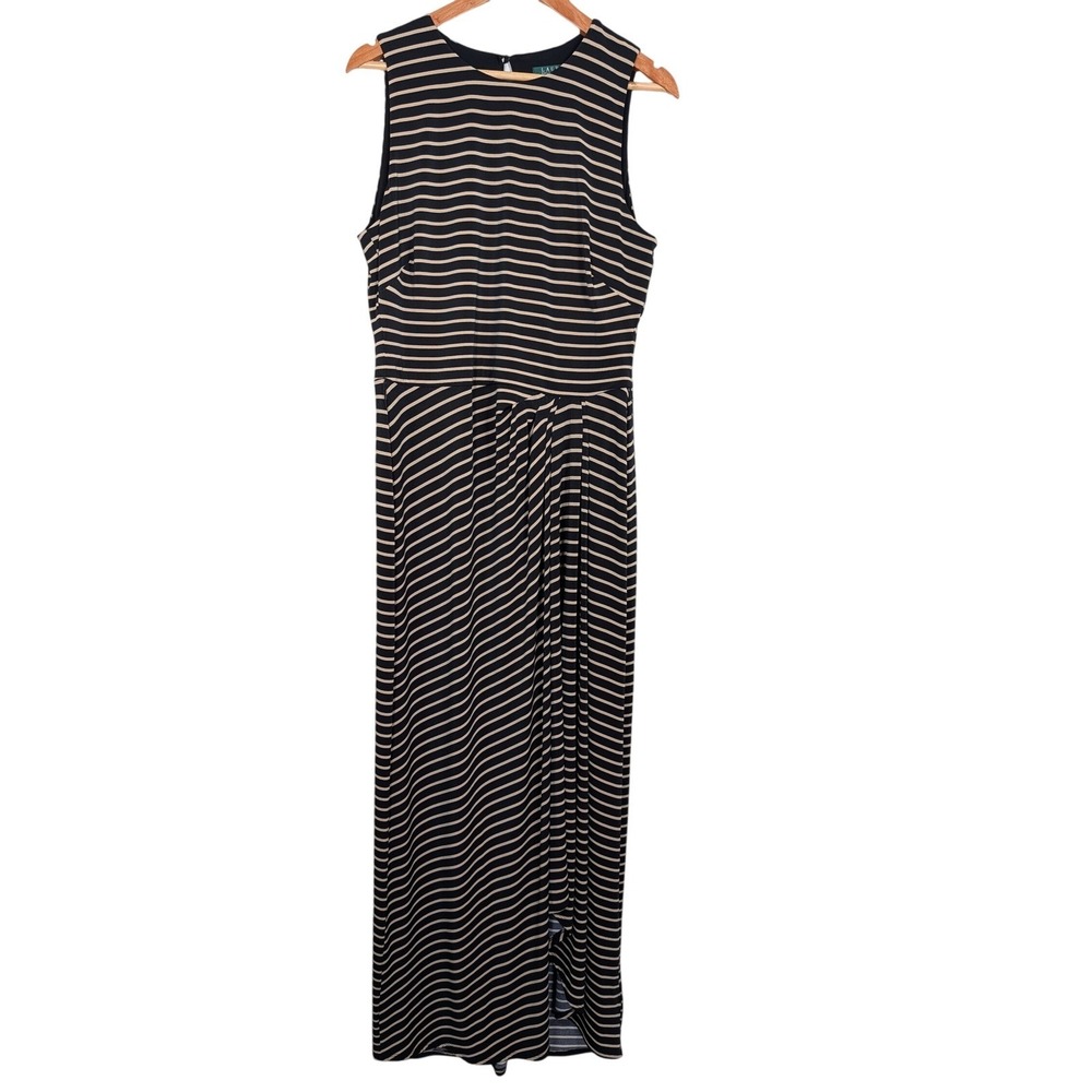 Lauren Ralph Lauren Maxi Dress Women 16 Navy Tan Striped Faux Wrap Sleeveless
